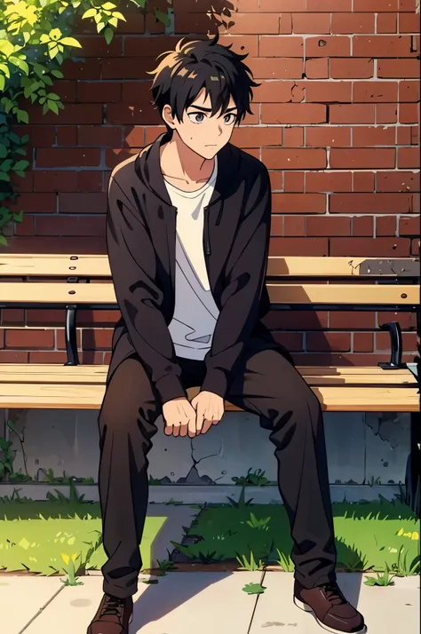 1 boy, bunt hair, black hair, sit in a bench, wall brick