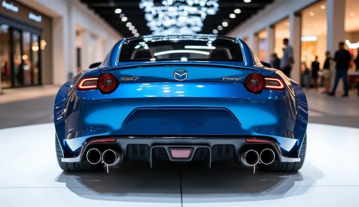 A photo of the back view of a Blue 2025 Mazda Rx7-Unmatched handling with a sleek, full modified, modern design. The car is parked on a white surface. The background is a shopping mall with white lights. The photo reveals the luxurious interior. The overal...