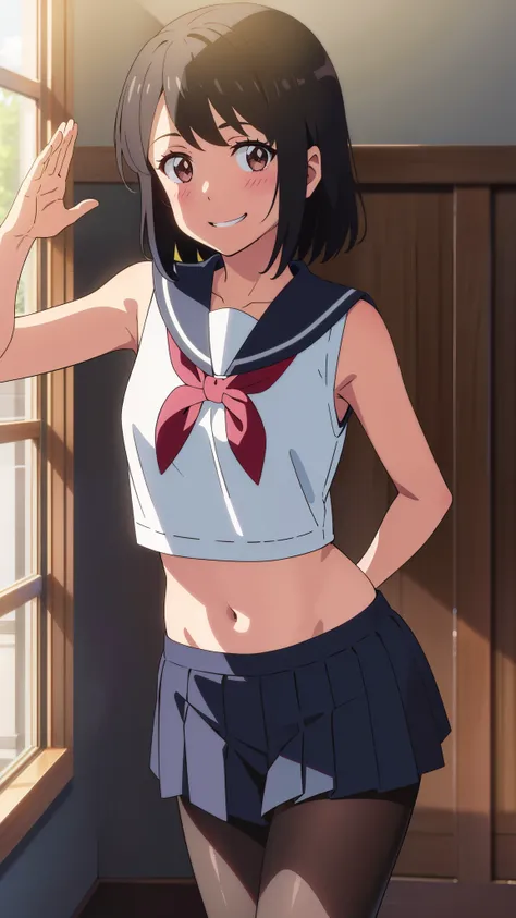 shinkai makoto, kimi no na wa., 1girl, bangs, black hair, blush, expressive eyes, brown eyes, perfect face, looking at the viewer, sailor uniform, exposed navel, white shirt, bare shoulders, black pantyhose, blue skirt, middy uniform, sleeveless, armpit, s...