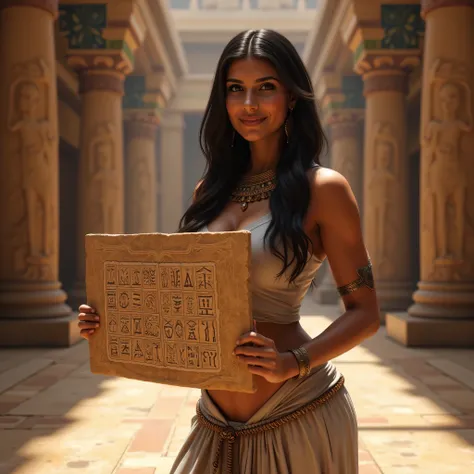 A hyper-realistic wide scenery image shot of a prehistoric beautifully female queen Cleopatra Pharaoh holding lifted up a big size hieroglyph carved cliparts on clay tablet, symmetrically balanced in image composition. The beautifully Pharaoh is depicted i...