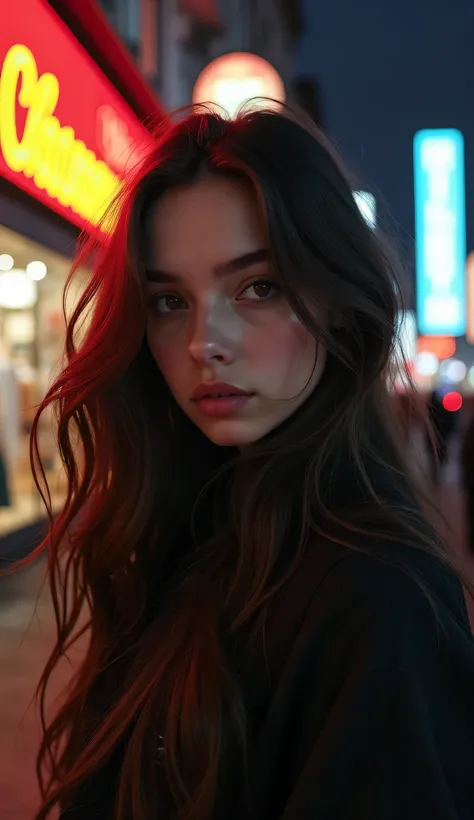  A beautiful girl with long hair, near a clothing store , evening, night city,  realistic photo,  high detail , Russian type