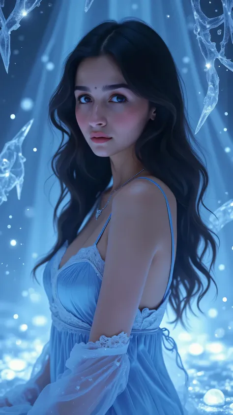 A dark hair woman wearing a silky nightgown dress. face at viewer. Crystal maiden dota. Icy background. Mystical. Magic. Action. Dynamic. Pose. Spellbound. Curiosity. Perfect. Head tilt, photograph. Canon dji. Indian