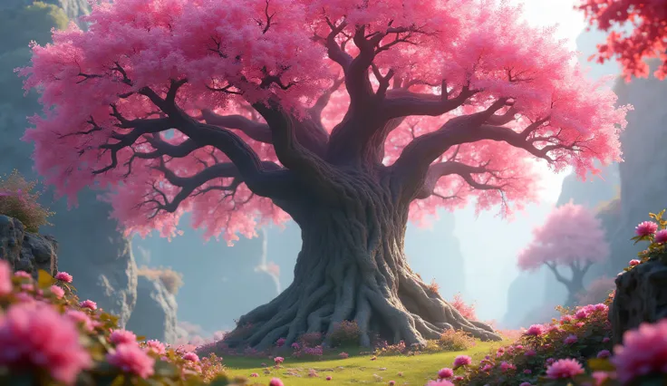 "A magical, ancient pink tree with sprawling branches and colorful flowers. In 3d Pixar's Disney animation.