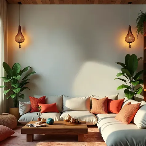 there is a couch and a table in a room with a lot of pillows, warm lighting interior, warm interior, warm living room, cozy living room background, living room wall background, warm ambient lighting, warm ambient light, warm colored furniture, cozy home ba...