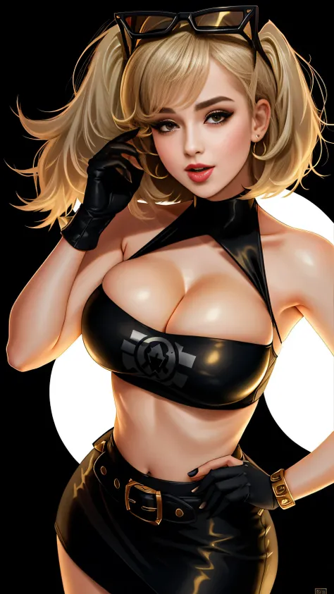 absurdres bandeau black_gloves black_jacket black_tube_top blonde_hair breasts burnice_white cleavage cropped_torso cum cum_on_body cum_on_breasts english_commentary female fingerless_gloves gloves hair_ornament highres jacket large_breasts looking_over_ey...