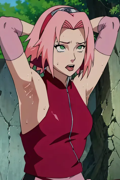 Sakura Haruno,human woman with fair skin.with green eyes and red clothing. Her hair is long and pink in color; She is beautiful. Fair skin.Tsundere face. Pink eye shading,mature appearance,armpits,sweat,sweaty,sweaty armpits,arms up,showing armpits,awesome...