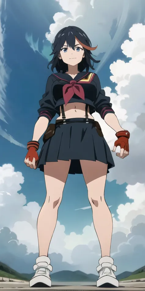 masterpiece, high quality, best quality, 1giantess girl, (muscular female:1.0), (super gigantic breasts:1.0), (closed mouth, half smile), matoi ryuuko, school uniform, black serafuku, suspender skirt, white sneakers, red left-handed fingerless glove, anime...