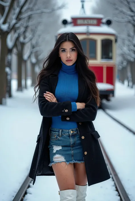 A striking winter scene featuring a woman standing on a snow-covered tram track, exuding confidence and boldness. She has long, flowing black hair and piercing eyes, gazing directly at the viewer. She wears a black wool coat, stylishly unbuttoned to reveal...