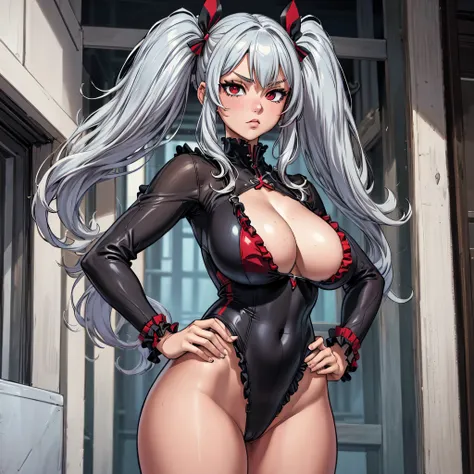 silver hair, twintail, bow, red eyes, best quality, masterpiece, highres, solo, (best quality:1.3), (masterpiece:1.3), (illustration:1.3), (ultra-detailed:1.3), 1girl, solo, large breasts, tall, mature, elegant, one hand on hip, slingshot swimsuit. frills
