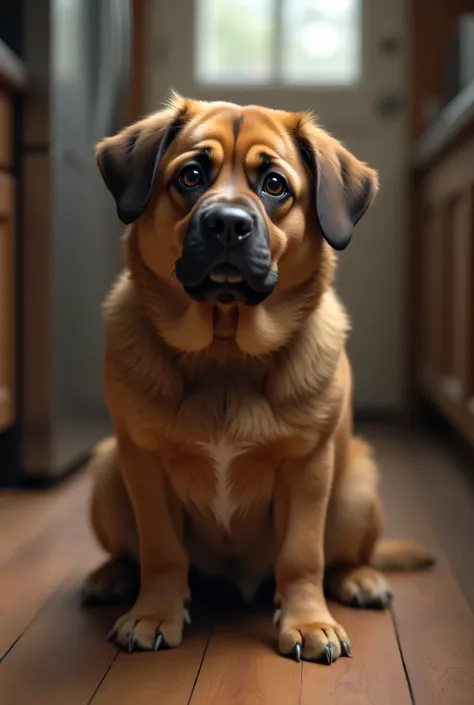 A realistic dog,  with dense fur and big eyes , is sitting on the floor,  looking intently at the kitchen with a look of expectation .  His eyes shine in an almost human way ,  with an expression of despair and hunger . He begins to moan quietly ,  his ear...