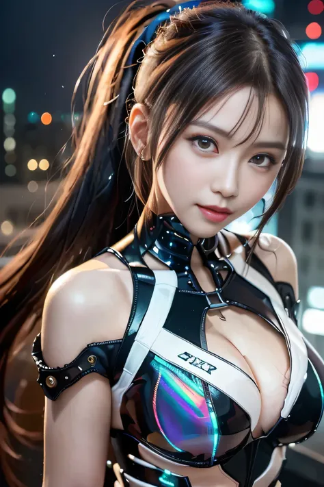 Cyber City Night,(Glamorous Night Illuminations :1.3),( standing on the roof of a building :1.3) The actress is a very beautiful western adult woman  ...(  sexy super shiny orange transparent holographic mechanical cyberpunk suit:1.3) ,(mechanical suit glo...