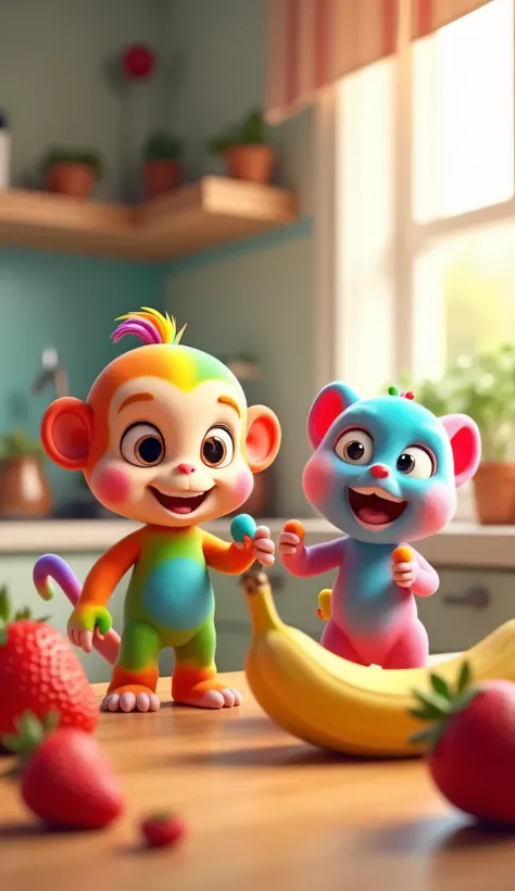 Create a colorful, vibrant, and glossy 3D scene featuring a cheerful rainbow-colored monkey and a laughing rainbow-colored cat. The monkey should have expressive, large eyes and a cute smile, while the cat should have a playful expression. Place them in a ...