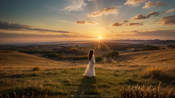 "A breathtaking landscape designed as a YouTube banner (2560 x 1440 pixels) for a channel called 'FaceCeleste.' The scene features a peaceful hill or open field during a stunning sunset. A solitary figure, either a man or a woman, is standing in the foregr...