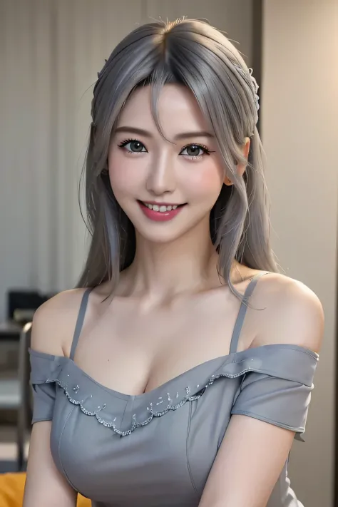 (((  cute pose ,  A tall woman with beautiful gray hair is wearing a dress with her shoulders hanging out at school,  Open Lip , smile))), 
( beautiful arafedo woman ),(((  emphasizes the bust  :1.3))),(  dynamic angle ),( Dynamic Sexy Flexing Poses:1.3),,...