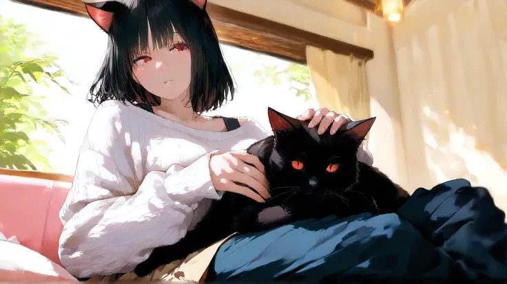 cat ears, black hair,red eyes,Female character, anime style, Japanese casual fashion, half-body shot, soft expression, peaceful and serene mood, relaxed posture, comfortable outfit (light sweater, loose pants, or skirt), gentle smile, natural hair (long or...