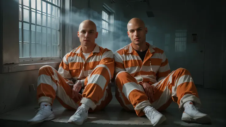 UHD, 8K, two young bald men in orange and white horizontal striped prisonjumpsuits sitting on a ledge in a modern highsecurityprisoncell, arms around the shoulders of each other, very different attractive unsaven faces, foggy atmosphere, light from one sid...