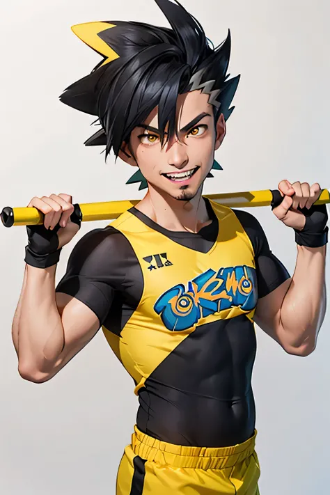 (((60yo male))), (((  electric pokemon gymleader))), (()), (((black hair))), (()), (), ((yellow electric outfit)), (()), (()), ((yellow eyes)), (()), ((teeth)), ((strong)), (()), (()), (()), ((electric hairstyle)), (()), (()),((chill)), (()), 