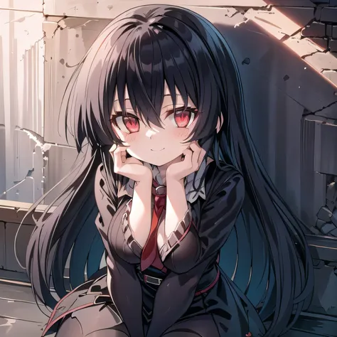  Akame beautiful little face showing her beautiful smile

Sun lighting lights 
red eyes long black hair

detailed arms and hands
Beautiful girl being alone 
Perfect body 
detailed black tights

High Definition
(A hand touching his face
Sitting on the steps...