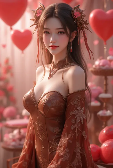 A cute Japanese woman wears a shiny costume made of chocolate with delicate details. The background features a lovely Valentine's Day scene with heart-shaped balloons and delicate chocolate decorations. Every texture is realistically expressed, down to the...