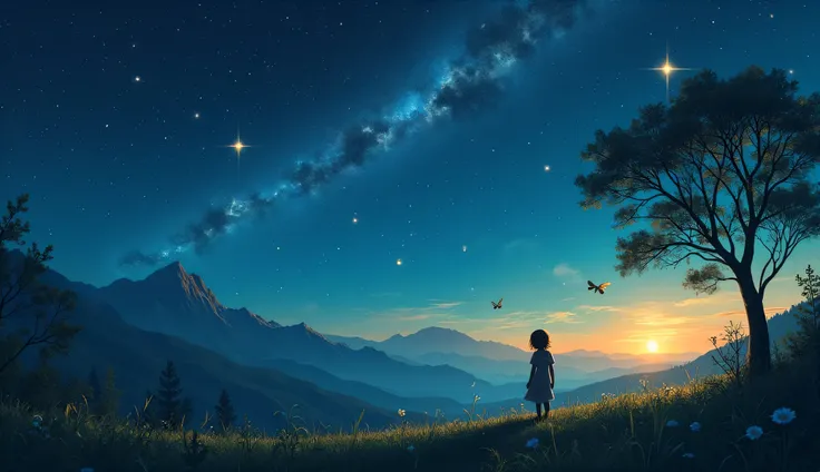 The Tale of Mia and the Starry Night
Once upon a time, in a small town surrounded by tall mountains and flowing rivers, there was a  named Mia. Mia was a kind and adventurous soul who loved to spend time outdoors. She loved climbing trees, watching butterf...