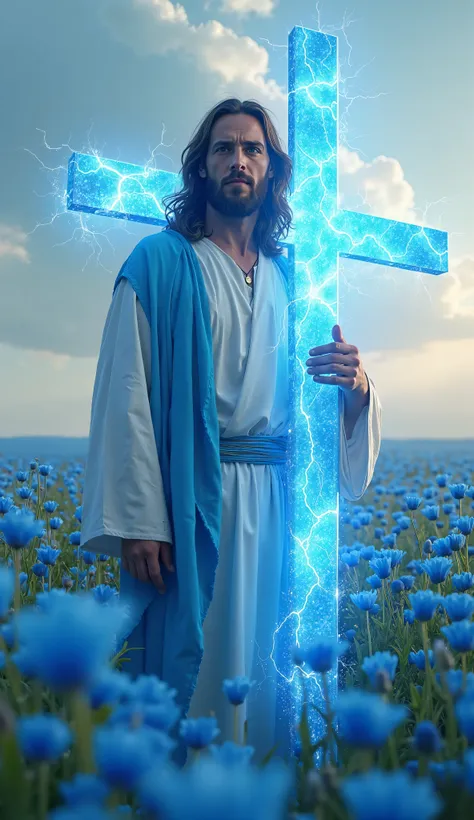 Jesus Christ, blue eyes, brown hair blowing in the wind, light blue and white tunic, holding a large cross made of light blue electricity, in a field full of blue flowers. Realistic 8k image