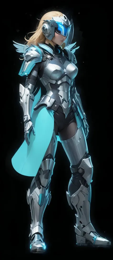 anime woman, full body, front view, A-pose, female police knight, eagle wing concept, flying apparatus in her back, futuristic helmet with breathing apparatus, small wings shoulders, silver and blue, solemn look, beautiful blonde woman, light blue energy s...