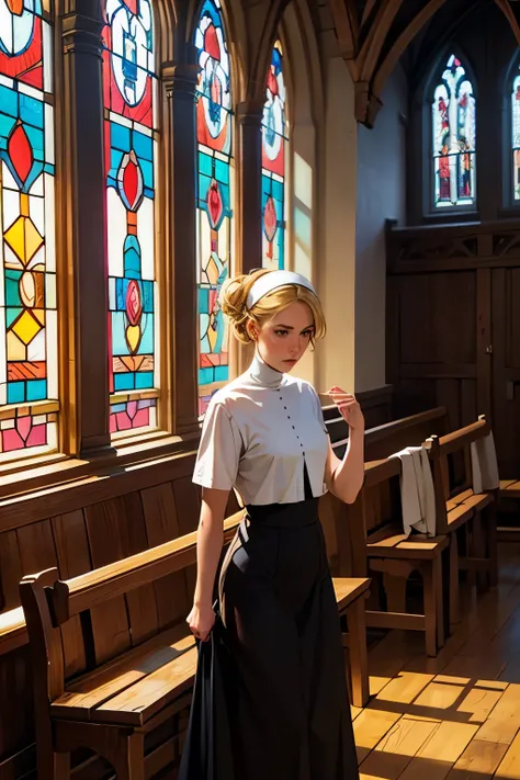 A slender, modestly dressed nun with blonde hair tied into a simple bun, her thin arms straining as she struggles to lift a heavy wooden bench in a small countryside church. The chapel is lit by colorful stained glass windows, casting vibrant patterns on t...