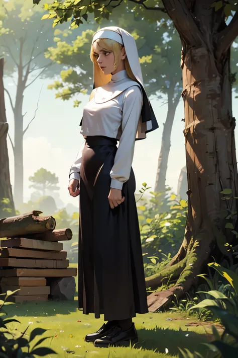 A slim, pale-skinned nun in her late 20s, with blonde hair tied back, standing in a lush convent garden. She’s lifting medium-sized rocks with a resolute expression, her thin arms trembling slightly. The scene is surrounded by trees, bushes, and a pile of ...