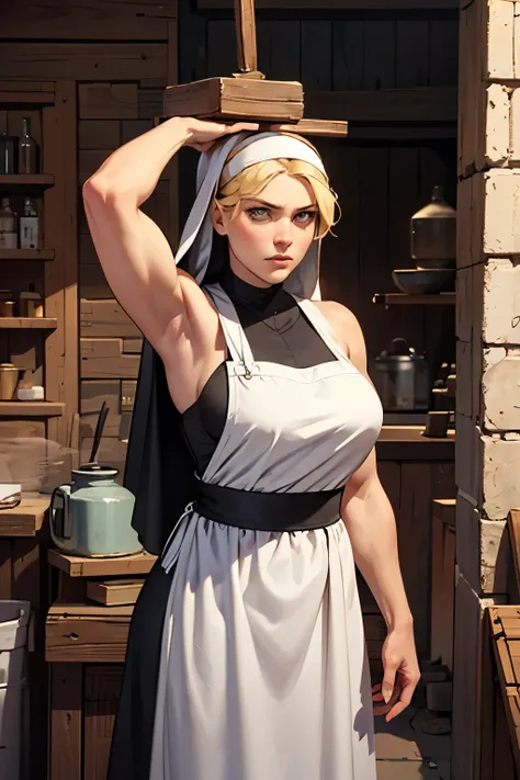 Helen, now visibly more muscular, with firm arms and broader shoulders stretching her nun robe, standing confidently outside a blacksmith's shop. She is lifting a heavy iron block over her head, her blonde hair tied neatly under her wimple. Villagers stare...