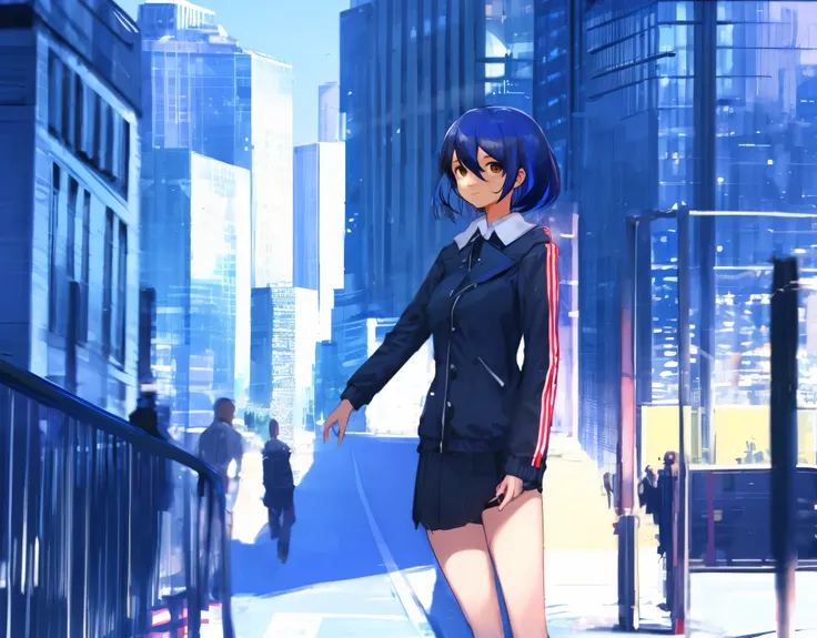 1 , therefore_skirt, blue_Hair, building,  city,  cityscape, Hair_between_eyes, jacket,  looking for_No_viewer, average_Hair,  multicolored_Hair,  multiples _[meniNos, Noite, off_shoulder,  outdoor, pleNoed_skirt, road, shirt, skirt, skyscraper, to smile, ...