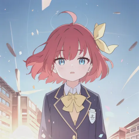  one girl 、Short Hair、Red hair color、light blue eye 、 Half Open Eyes 、 confident expression 、 brown blazer、 yellow bow on chest 、front、 upper body、Outdoors、 Sunny、wind、 light particle