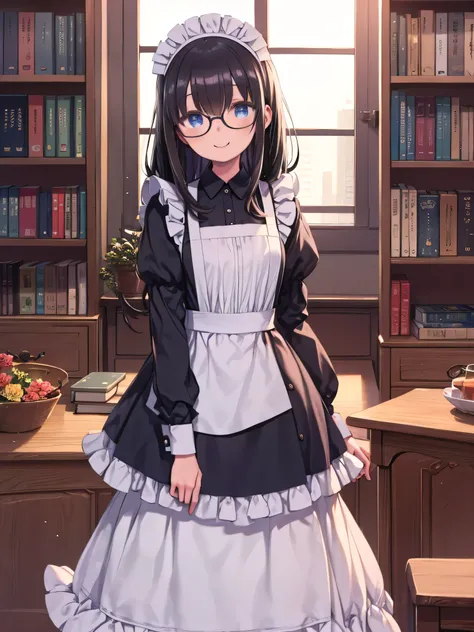 Sagisawa Fumika ,  1 girl in the best, glass, Maid, Alone, Booksshelf, blue eyes,  black hair,  Alternate Costume , Maid head dress ,  apron, enMaided, smile,  juliet sleeve,  dress ,  Long Sleeves  ,  puff sleeve,  wore glasses,  Watch viewers, Books, Mai...