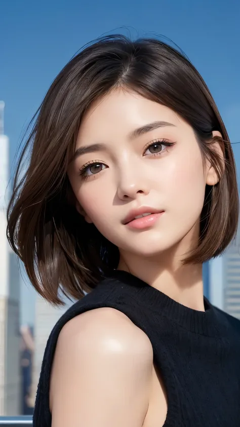 ((( face close-up )))、((( brown, Shoulder length,  straight short bob taken by someone)))、((( You can see the New York skyline in her background、 pose like a model at a beauty salon 。.)))、(((Casual black long sleeve winter clothing)))、Half Japanese、Half Ko...