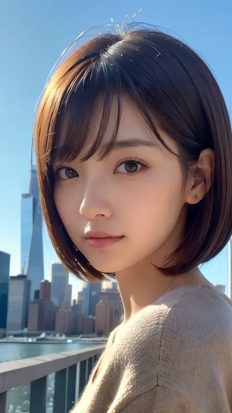 ((( face close-up )))、((( brown, Shoulder length,  straight short bob taken by someone)))、((( You can see the New York skyline in her background、 pose like a model at a beauty salon 。.)))、(((Casual black long sleeve winter clothing)))、Half Japanese、Half Ko...