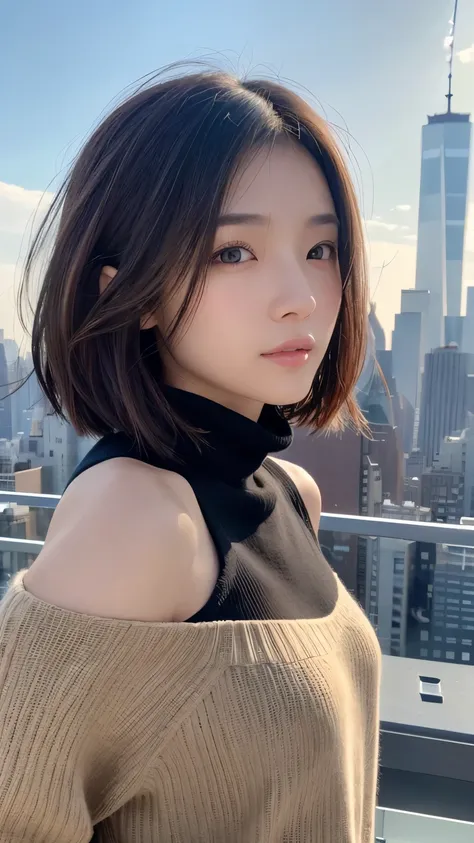 ((( face close-up )))、((( brown, Shoulder length, straight short bob taken by someone)))、((( You can see the New York skyline in her background、 pose like a model at a beauty salon 。.)))、(((Casual black long sleeve winter clothing)))、Half Japanese、Half Ko...