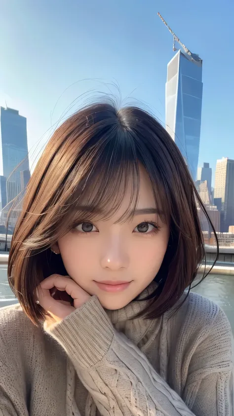 ((( face close-up )))、((( brown, Shoulder length,  straight short bob taken by someone)))、((( You can see the New York skyline in her background、 pose like a model at a beauty salon 。.)))、(((Casual black long sleeve winter clothing)))、Half Japanese、Half Ko...