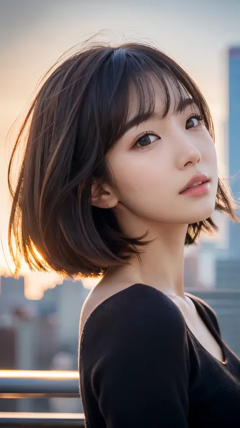 ((( face close-up )))、((( brown, Shoulder length,  straight short bob taken by someone)))、((( You can see the New York skyline in her background、 pose like a model at a beauty salon 。.)))、(((Casual black long sleeve winter clothing)))、Half Japanese、Half Ko...