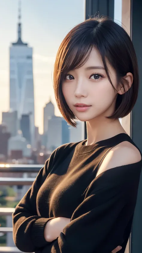 ((( face close-up )))、((( brown, Shoulder length,  straight short bob taken by someone)))、((( You can see the New York skyline in her background、 pose like a model at a beauty salon 。.)))、(((Casual black long sleeve winter clothing)))、Half Japanese、Half Ko...