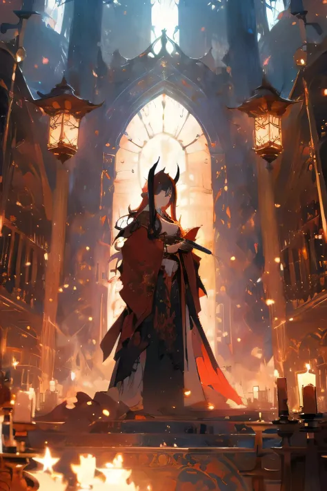 A woman stands half a turn . Long red-brown hair.  golden eyes. black horns. Fantasy clothes .  There is a magic library in the background. warm colors