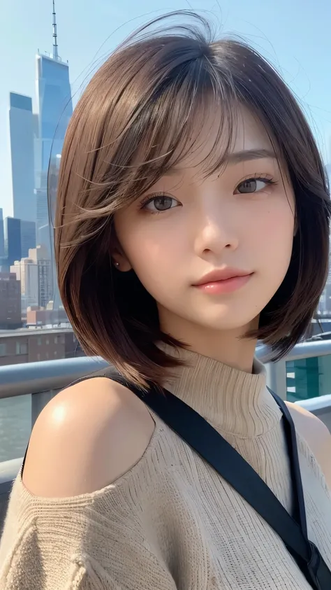 ((( face close-up )))、((( brown, Shoulder length, straight short bob taken by someone)))、((( You can see the New York skyline in her background、 pose like a model at a beauty salon 。.)))、(((Casual black long sleeve winter clothing)))、Half Japanese、Half Ko...
