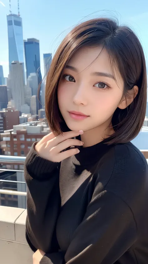 ((( face close-up )))、((( brown, Shoulder length,  straight short bob taken by someone)))、((( You can see the New York skyline in her background、 pose like a model at a beauty salon 。.)))、(((Casual black long sleeve winter clothing)))、Half Japanese、Half Ko...