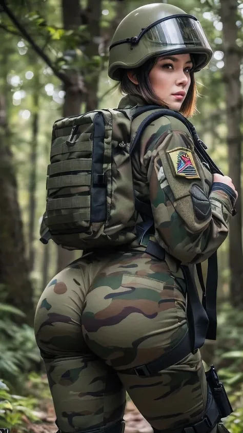 a contractor girl, Japanese and Russian facial features, white french bob haircut, wearing black camouflage uniform, chest rig tactical vest, ballistic helmet with face shield, fully dressed, with a large military backpack, full of too much large pubic hai...