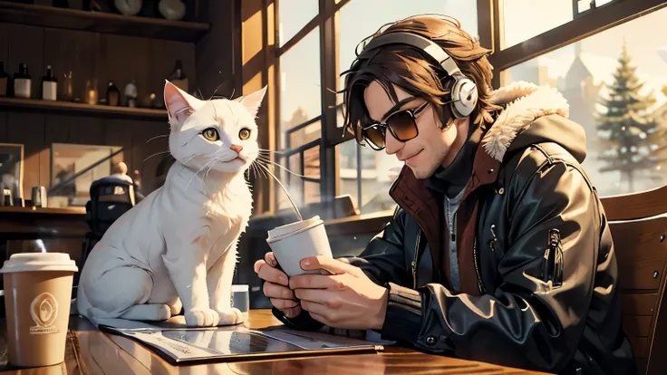 in a cafe, on a cold winter afternoon, a male AI musician is sitting at a table, placing the guitar case next to the table, wearing warm winter clothes, a deep red cardigan, black headphones, see-through sunglasses, no beard, good skin tone, drinking a cup...