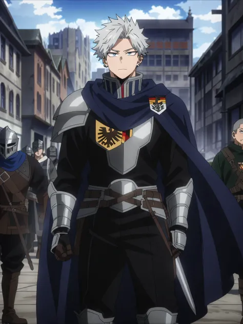 (masterpiece, best quality, anime, anime coloring:1.3, superhigh res). 25yo, young, 1man, male. ((A towering man (6’6”/198-cm) with a muscular build, short silver hair, and piercing blue eyes. His hero costume resembles a medieval knight mixed with modern ...