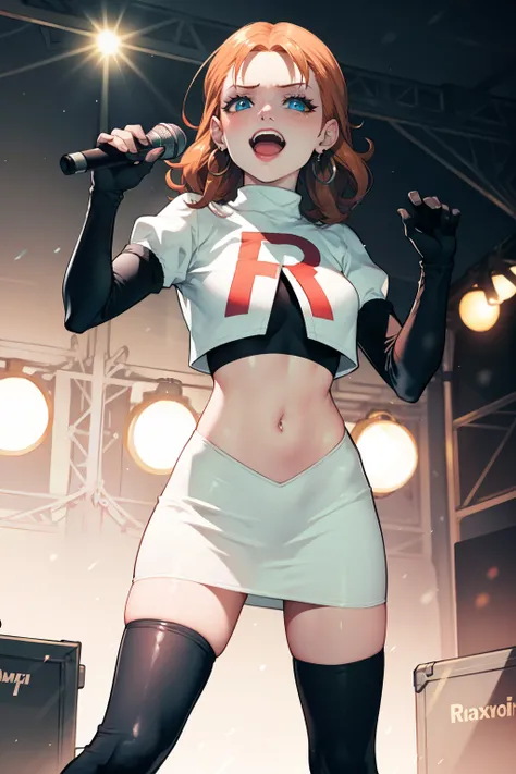 annette_war, 1girl,team rocket,team rocket uniform, red letter R, white skirt,white crop top,black thigh-high boots ,black elbow gloves,earrings,eyeshadow,lipstick ,holding a microphone, looking at viewer, evil laugh, singing, on stage, 