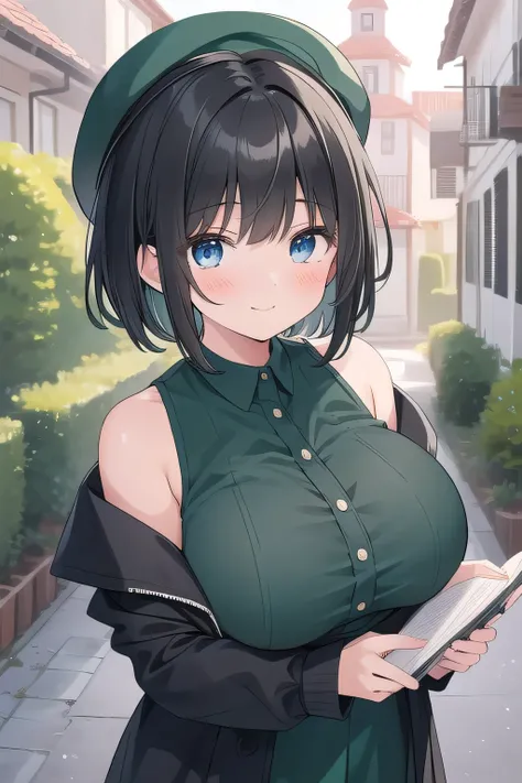 Girl who looks like an elementary school student, , 160 cm tall, black hair with a slight green tinge, short ahoge, beautiful long hair but with a little hair sticking out, beautiful round eyes, blue eyes, boyish, big breasts,  short hair, ish face, a litt...