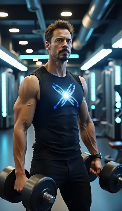 Tony Stark, as seen in the Avengers movies, with his iconic medium-length, slightly spiky dark hair and his signature goatee, is working out in a high-tech gym. The glowing arc reactor is visible through his fitted, sleeveless black tank top, and he has a ...