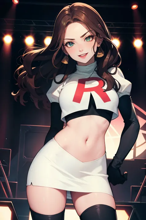 dorothea, 1girl,team rocket,team rocket uniform, red letter R, white skirt,white crop top,black thigh-high boots ,black elbow gloves,earrings,eyeshadow,lipstick ,holding a microphone, looking at viewer, evil smile, singing, on stage, 