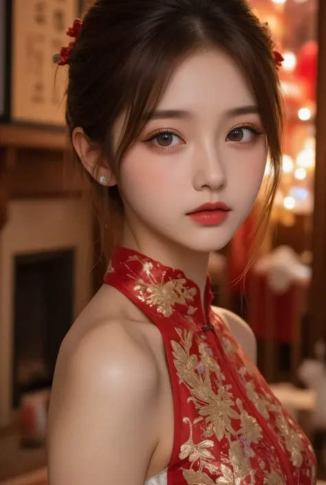 A close-up, head-and-shoulders portrait of a beautiful Korean idol with fine facial features and a ponytail, wearing a red-black-gold short dress with some black-transparent sections, adorned with intricate gold or silver phoenix and floral embroidery. She...