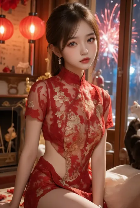A close-up, head-and-shoulders portrait of a beautiful Korean idol with fine facial features and a ponytail, wearing a red-black-gold short dress with some black-transparent sections, adorned with intricate gold or silver phoenix and floral embroidery. She...